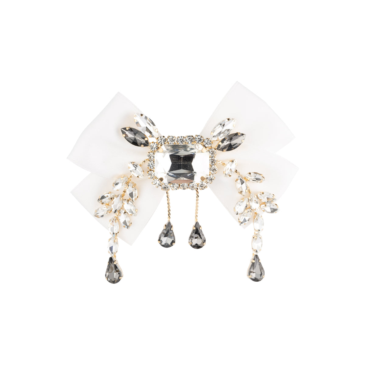 SATIN BOW BROOCH W/CRYSTALS WHITE
