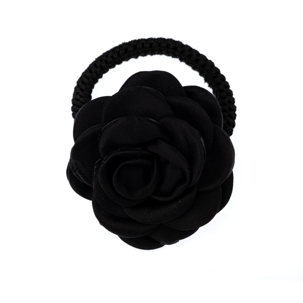 SATIN ROSE HAIR TIE BLACK