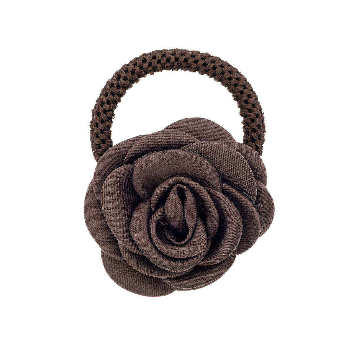 SATIN ROSE HAIR TIE CHOCOLATE BROWN