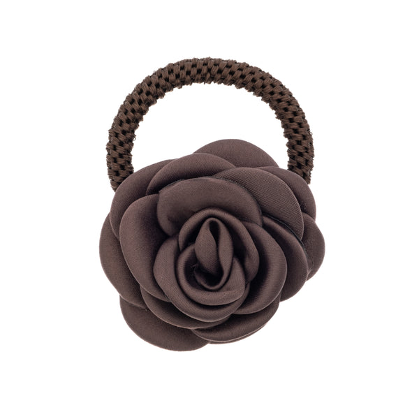 SATIN ROSE HAIR TIE CHOCOLATE BROWN
