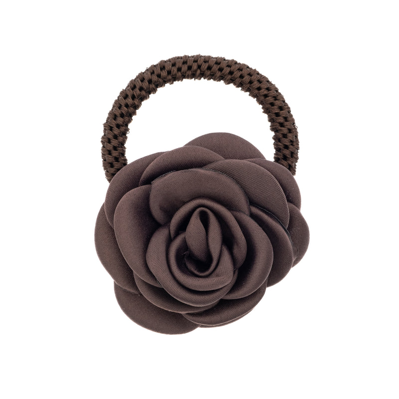 SATIN ROSE HAIR TIE CHOCOLATE BROWN