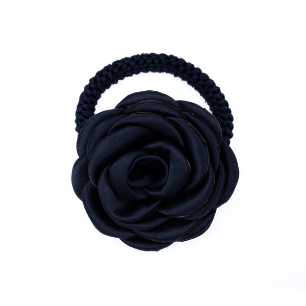 SATIN ROSE HAIR TIE NAVY BLUE