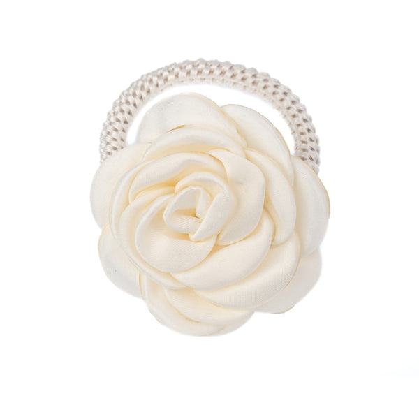 SATIN ROSE HAIR TIE OFF WHITE