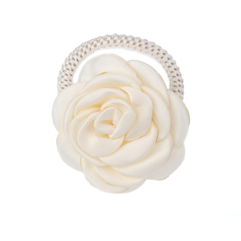 SATIN ROSE HAIR TIE OFF WHITE