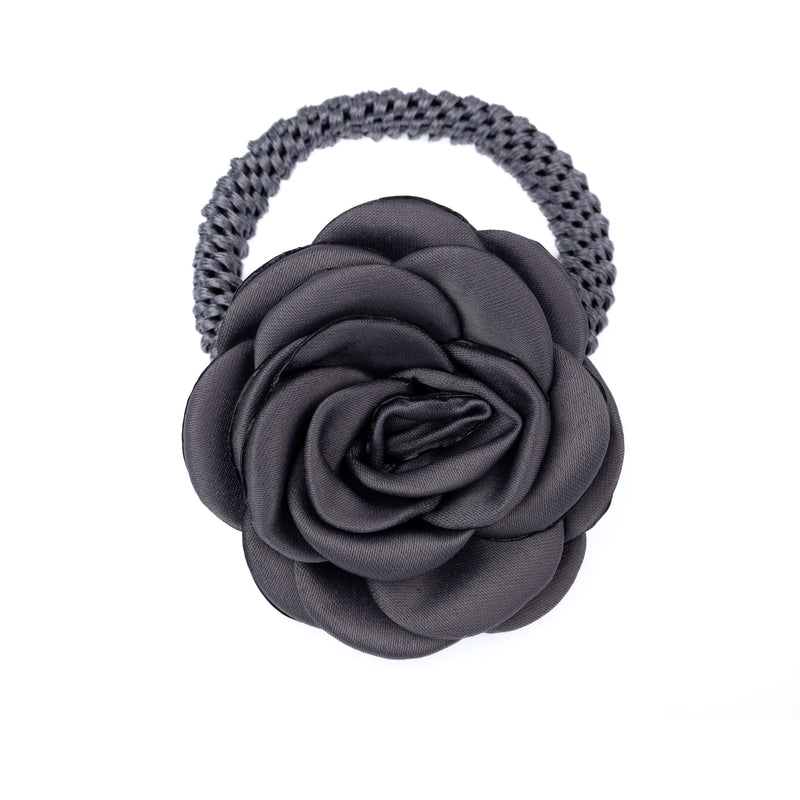 SATIN ROSE HAIR TIE STEEL BLUE