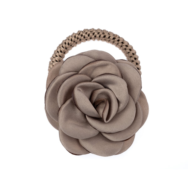 SATIN ROSE HAIR TIE TAUPE