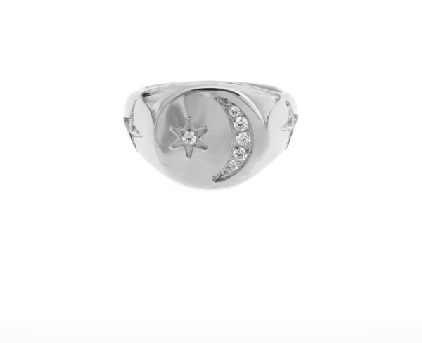 STAR & MOON SIGNET RING W/CRYSTALS SILVER