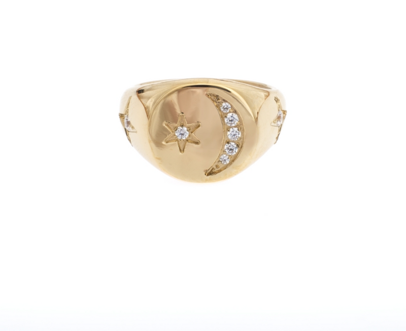STAR & MOON SIGNET RING W/CRYSTALS GOLD