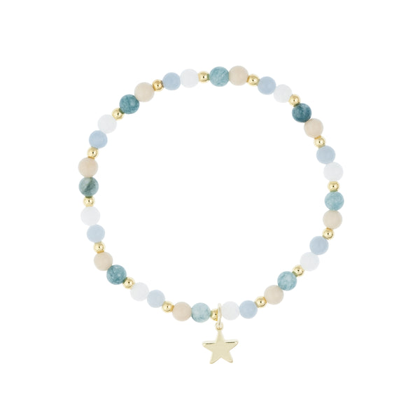 STONE BEAD BRACELET 4 MM W/GOLD BEADS BLUE & AQUAMARINE MIX