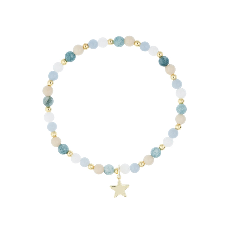 STONE BEAD BRACELET 4 MM W/GOLD BEADS BLUE & AQUAMARINE MIX