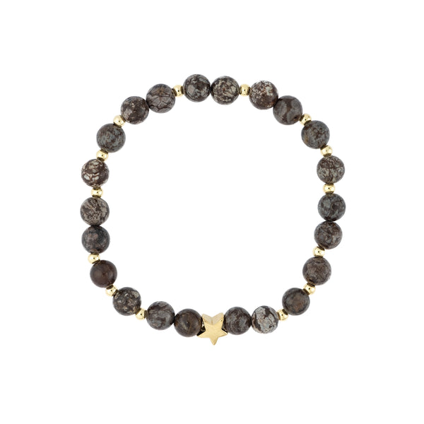 STONE BEAD BRACELET 6 MM W/GOLD BEADS CHOCOLATE BROWN