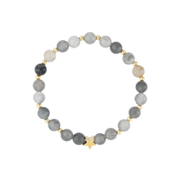 STONE BEAD BRACELET 6 MM W/GOLD BEADS COOL GREY