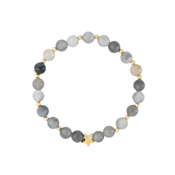 STONE BEAD BRACELET 6 MM W/GOLD BEADS COOL GREY
