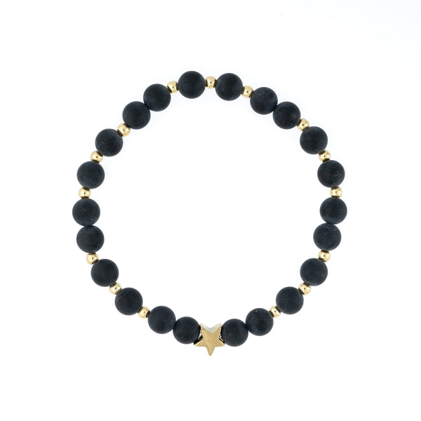 STONE BEAD BRACELET 6 MM W/GOLD BEADS MATTE BLACK