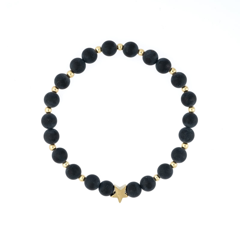 STONE BEAD BRACELET 6 MM W/GOLD BEADS MATTE BLACK