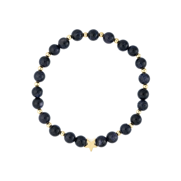 STONE BEAD BRACELET 6 MM W/GOLD BEADS NAVY BLUE