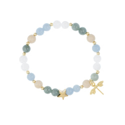 STONE BEAD BRACELET 6 MM W/GOLD BEADS & CHARM BLUE & AQUAMARINE MIX