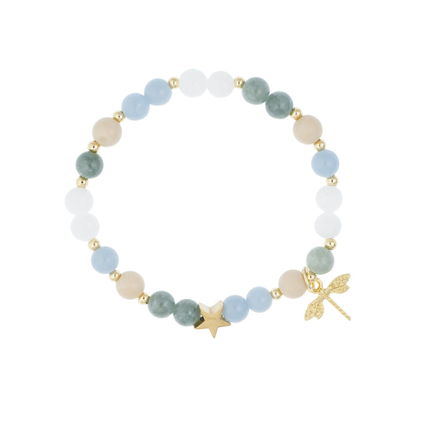 STONE BEAD BRACELET 6 MM W/GOLD BEADS & CHARM BLUE & AQUAMARINE MIX