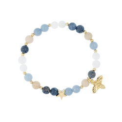STONE BEAD BRACELET 6 MM W/GOLD BEADS & CHARM BLUE & SAND MIX