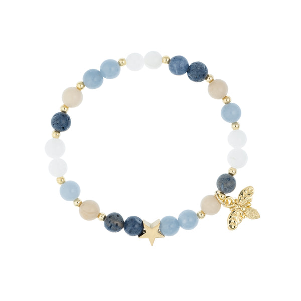 STONE BEAD BRACELET 6 MM W/GOLD BEADS & CHARM BLUE & SAND MIX