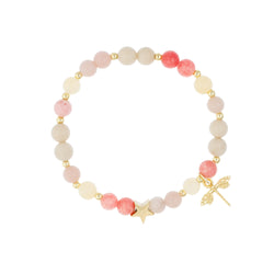 STONE BEAD BRACELET 6 MM W/GOLD BEADS & CHARM PINK & YELLOW MIX