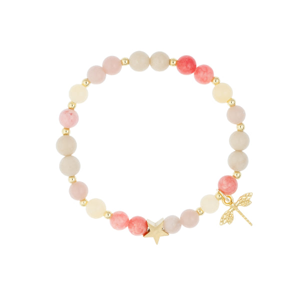 STONE BEAD BRACELET 6 MM W/GOLD BEADS & CHARM PINK & YELLOW MIX