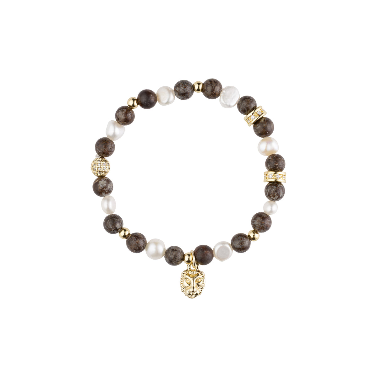 STONE & PEARL BEAD BRACELET 6 MM W/CHARM CHOCOLATE BROWN MIX