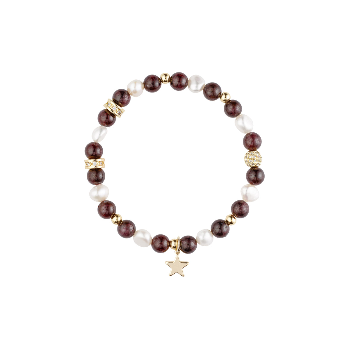 STONE & PEARL BEAD BRACELET 6 MM W/CHARM MAROON MIX