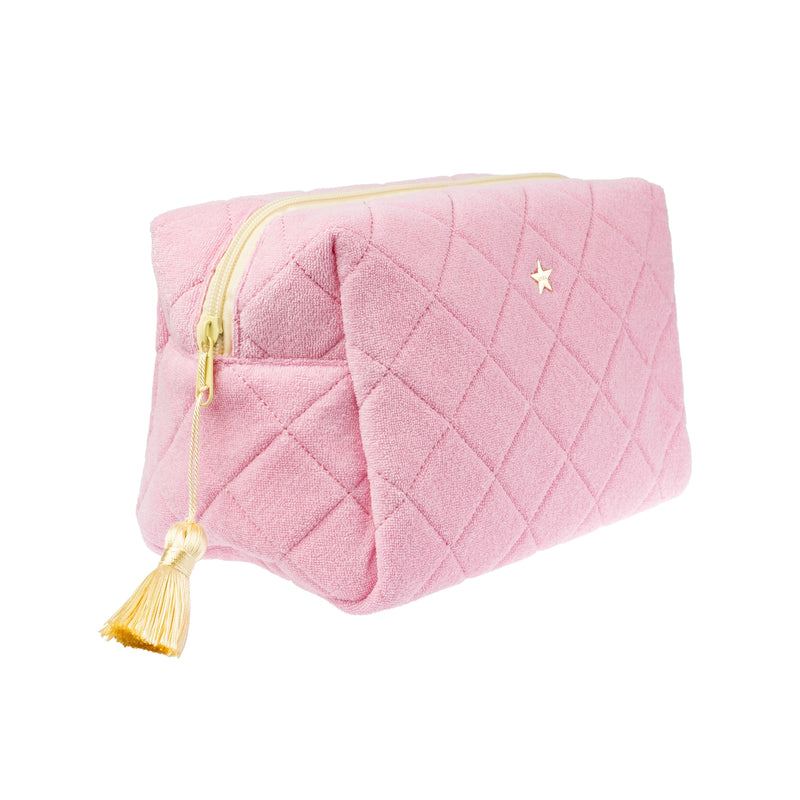 TERRY QUILTED MAKE-UP POUCH LARGE BUBBLEGUM PINK W/PALE YELLOW