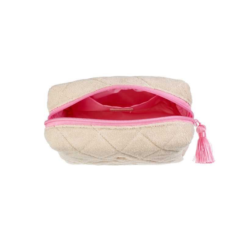 TERRY QUILTED MAKE-UP POUCH SMALL SAND W/BUBBLEGUM PINK