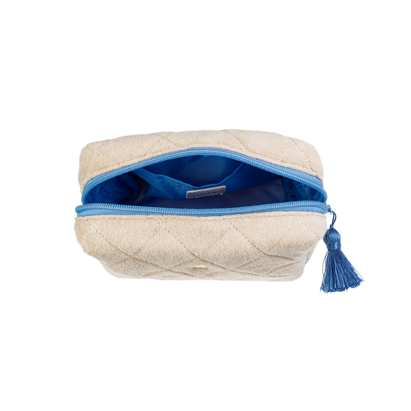 TERRY QUILTED MAKE-UP POUCH SMALL SAND W/IBIZA BLUE