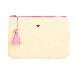 TERRY QUILTED SMALL POUCH PALE YELLOW W/BUBBLEGUM PINK