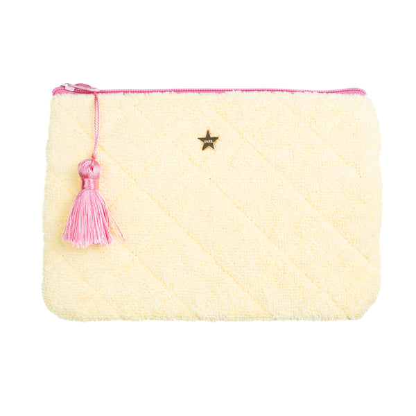 TERRY QUILTED SMALL POUCH PALE YELLOW W/BUBBLEGUM PINK