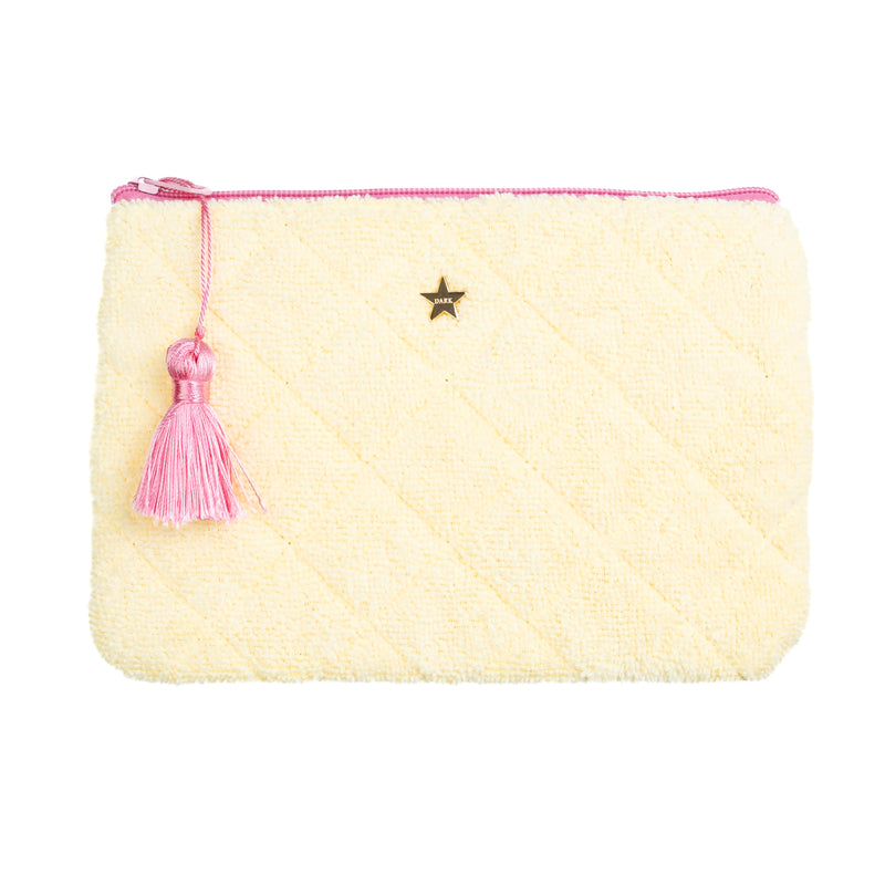 TERRY QUILTED SMALL POUCH PALE YELLOW W/BUBBLEGUM PINK