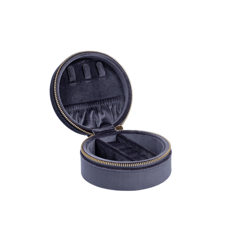 VELVET JEWELLERY BOX ROUND SPARKLED STEEL BLUE