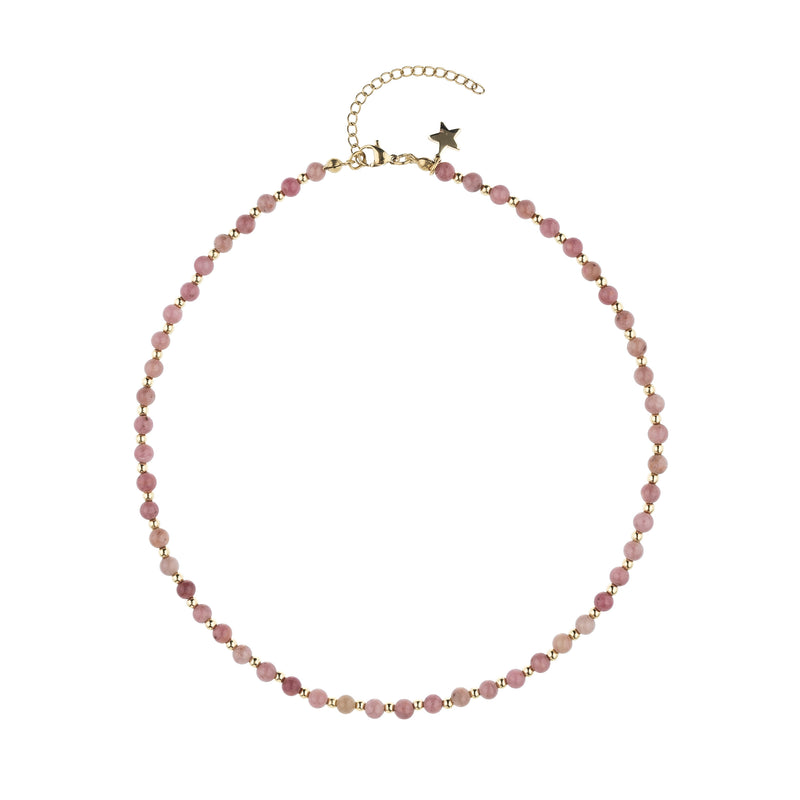 STONE BEAD NECKLACE 4 MM W/GOLD BEADS DUSTY ROSE
