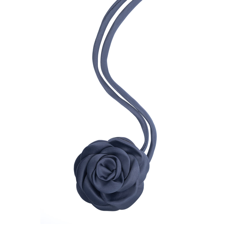 SATIN ROSE BROOCH NAVY BLUE