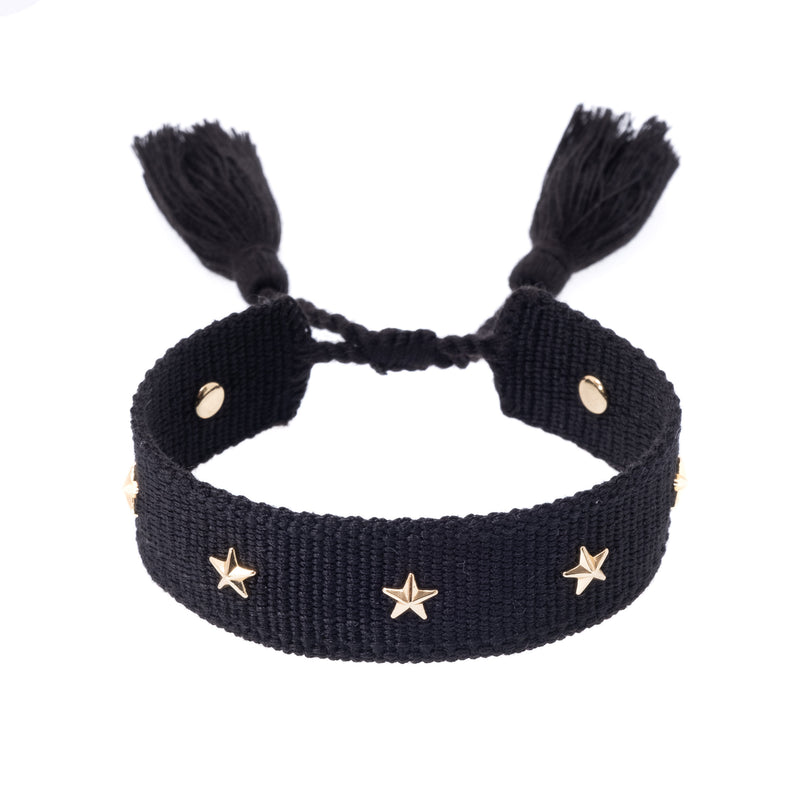 WOVEN FRIENDSHIP BRACELET W/STAR STUDS BLACK