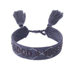 WOVEN FRIENDSHIP BRACELET "Good Vibes" Steel Blue W/Silver