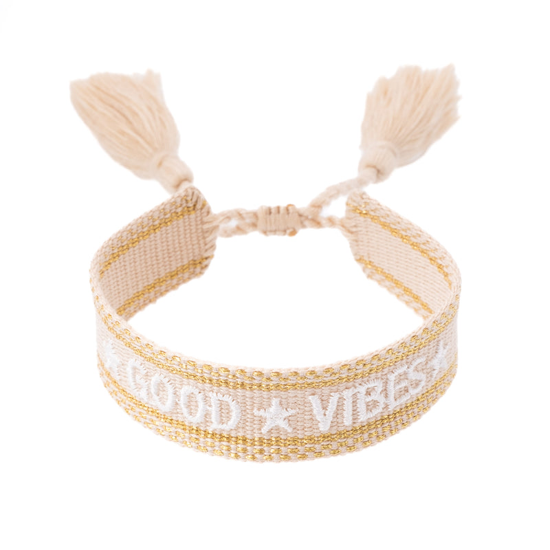 WOVEN FRIENDSHIP BRACELET "Good Vibes" Light Sand W/Gold