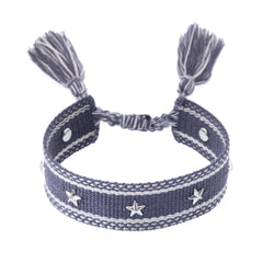 WOVEN FRIENDSHIP BRACELET W/STAR STUDS Steel Blue W/Silver