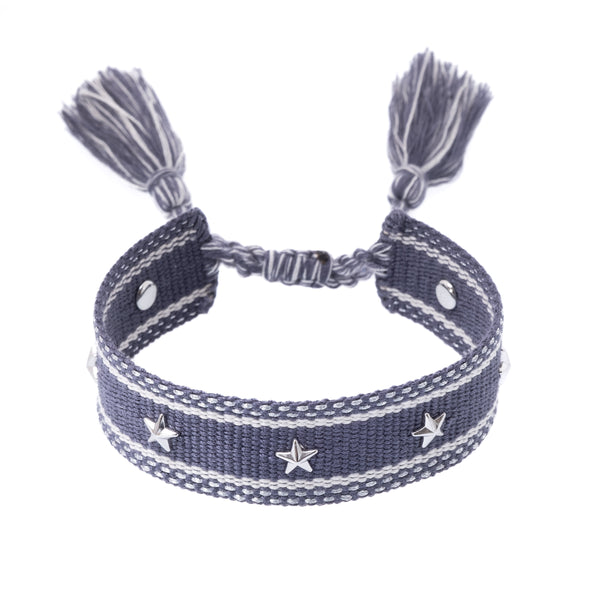 WOVEN FRIENDSHIP BRACELET W/STAR STUDS Steel Blue W/Silver