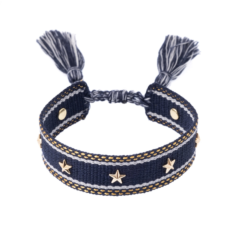 WOVEN FRIENDSHIP BRACELET W/STAR STUDS NAVY BLUE W/GOLD