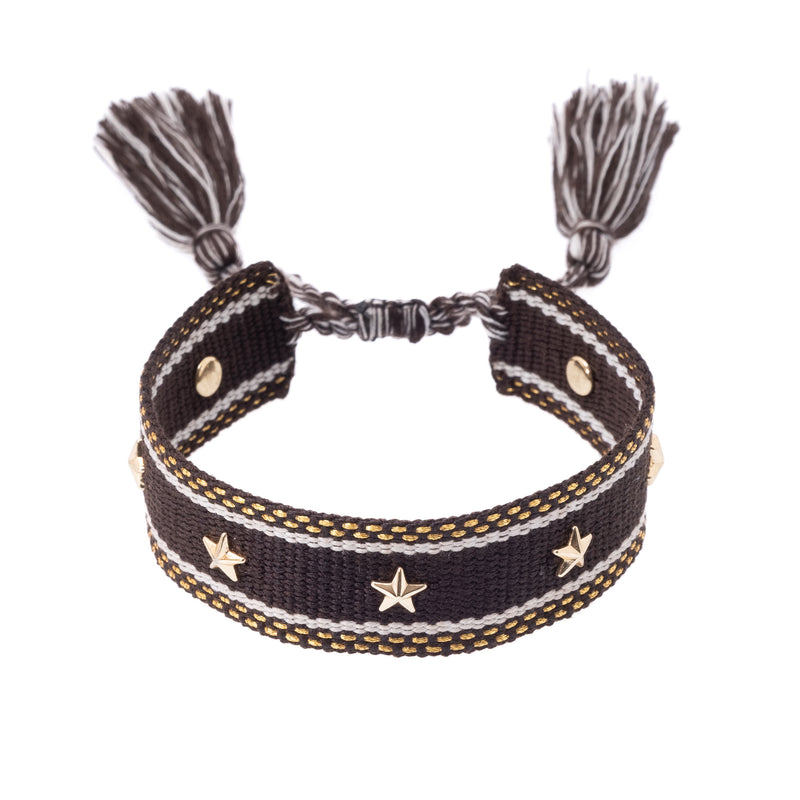 WOVEN FRIENDSHIP BRACELET W/STAR STUDS CHOCOLATE BROWN W/GOLD