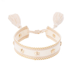 WOVEN FRIENDSHIP BRACELET W/STAR STUDS VANILLA W/GOLD