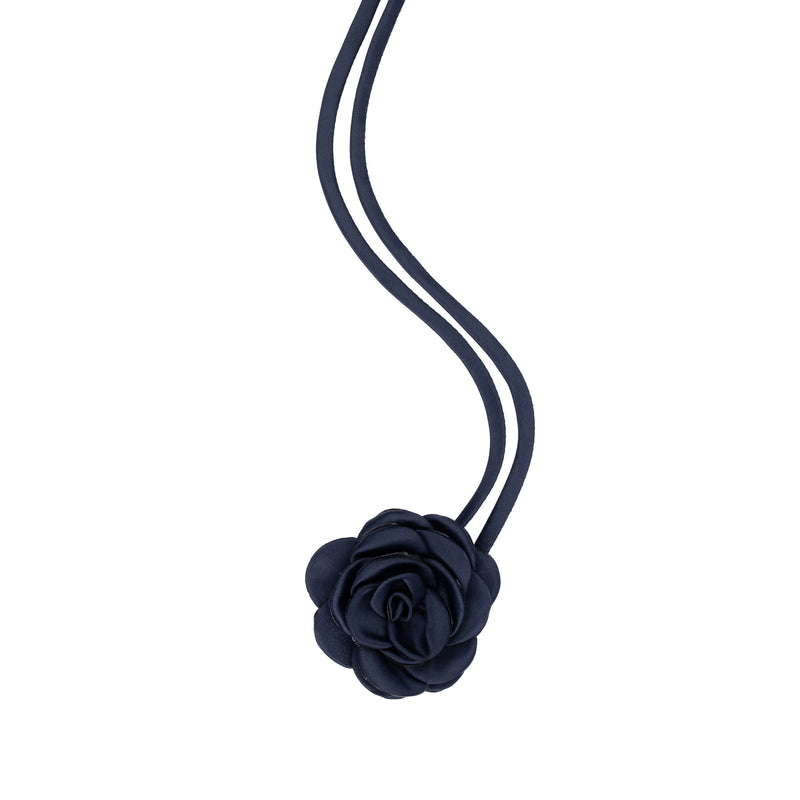 SATIN ROSE BROOCH SMALL NAVY BLUE