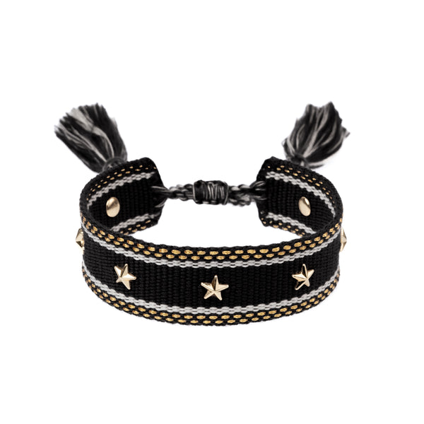 WOVEN FRIENDSHIP BRACELET W/STAR STUDS BLACK W/GOLD