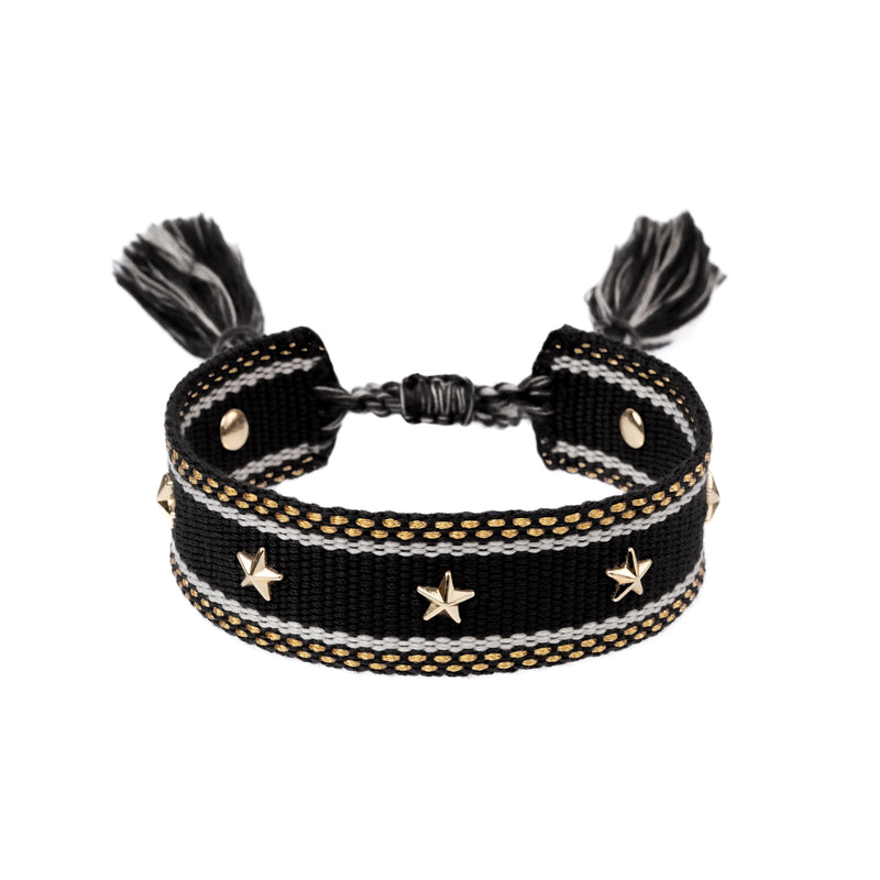 WOVEN FRIENDSHIP BRACELET W STAR STUDS BLACK W GOLD DARK department