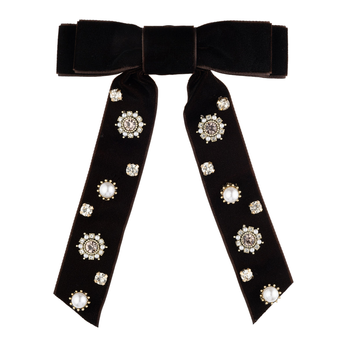 VELVET BOW BROOCH W/CRYSTALS & PEARLS CHOCOLATE BROWN