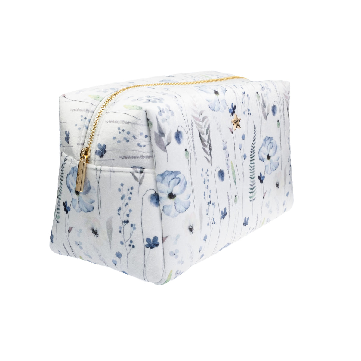 VELVET SQUARE MAKE-UP POUCH LARGE BLUE TONES FLOWER PATTERN